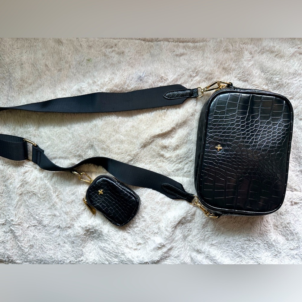 PETA + JAIN Black Croc Embossed Crossbody Bag with Coin Pouch 🖤✨